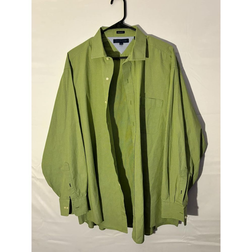 TOMMY HILFIGER green plaid button up dress shirt size 17.5 34-35